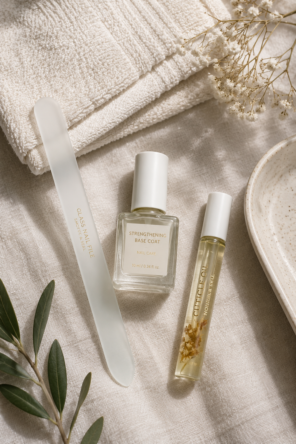 Nail file, strengthening base coat, and cuticle oil for maintaining short fall nails