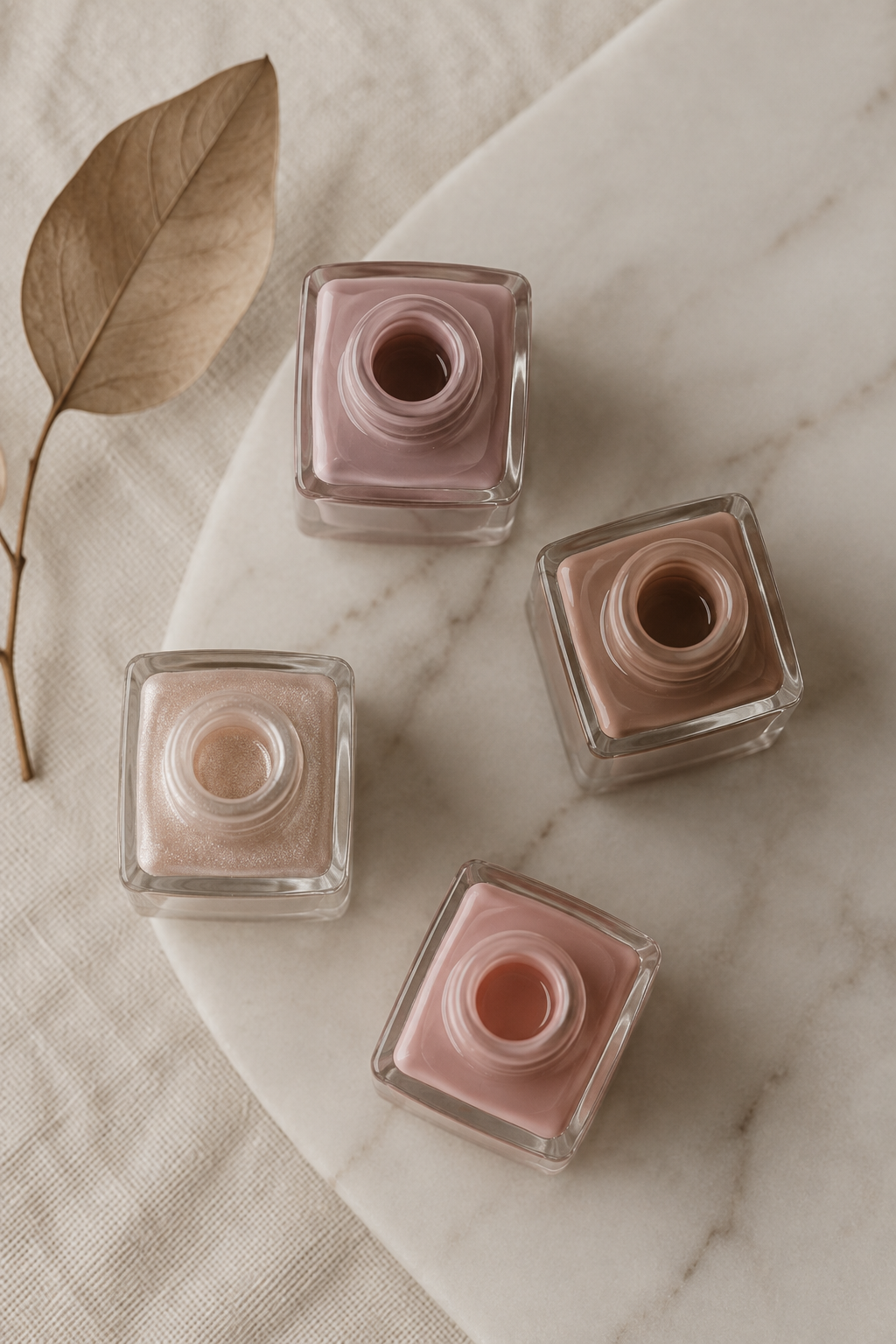 Warm neutral nail polish shades for a fall bridal manicure, including mauve, taupe, and champagne