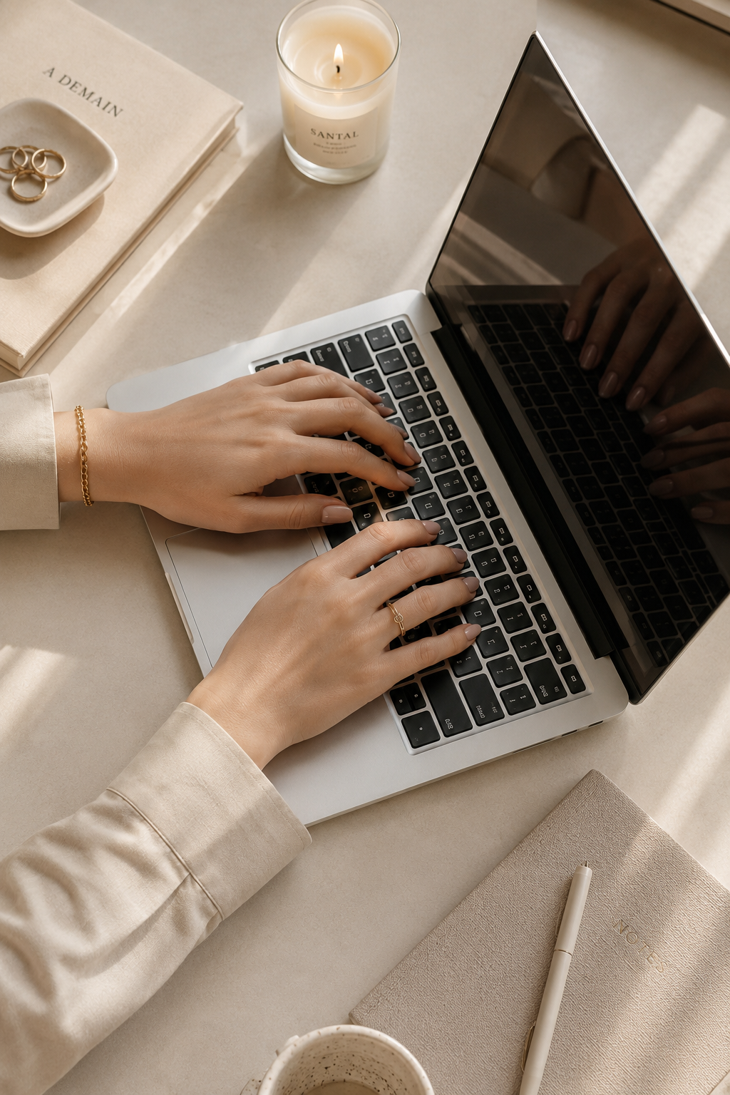 Hands with a practical short nail length typing on a laptop, styled in a soft neutral quiet luxury desk setting.