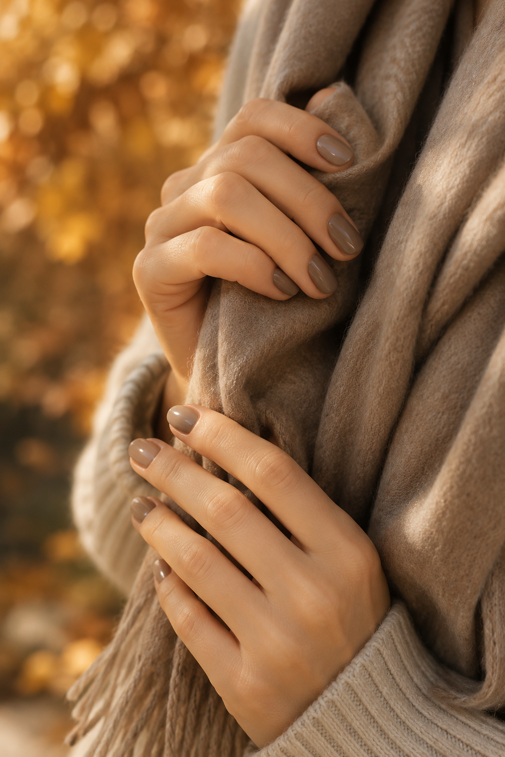 Neatly maintained short nails in soft taupe, styled for an effortless fall look.