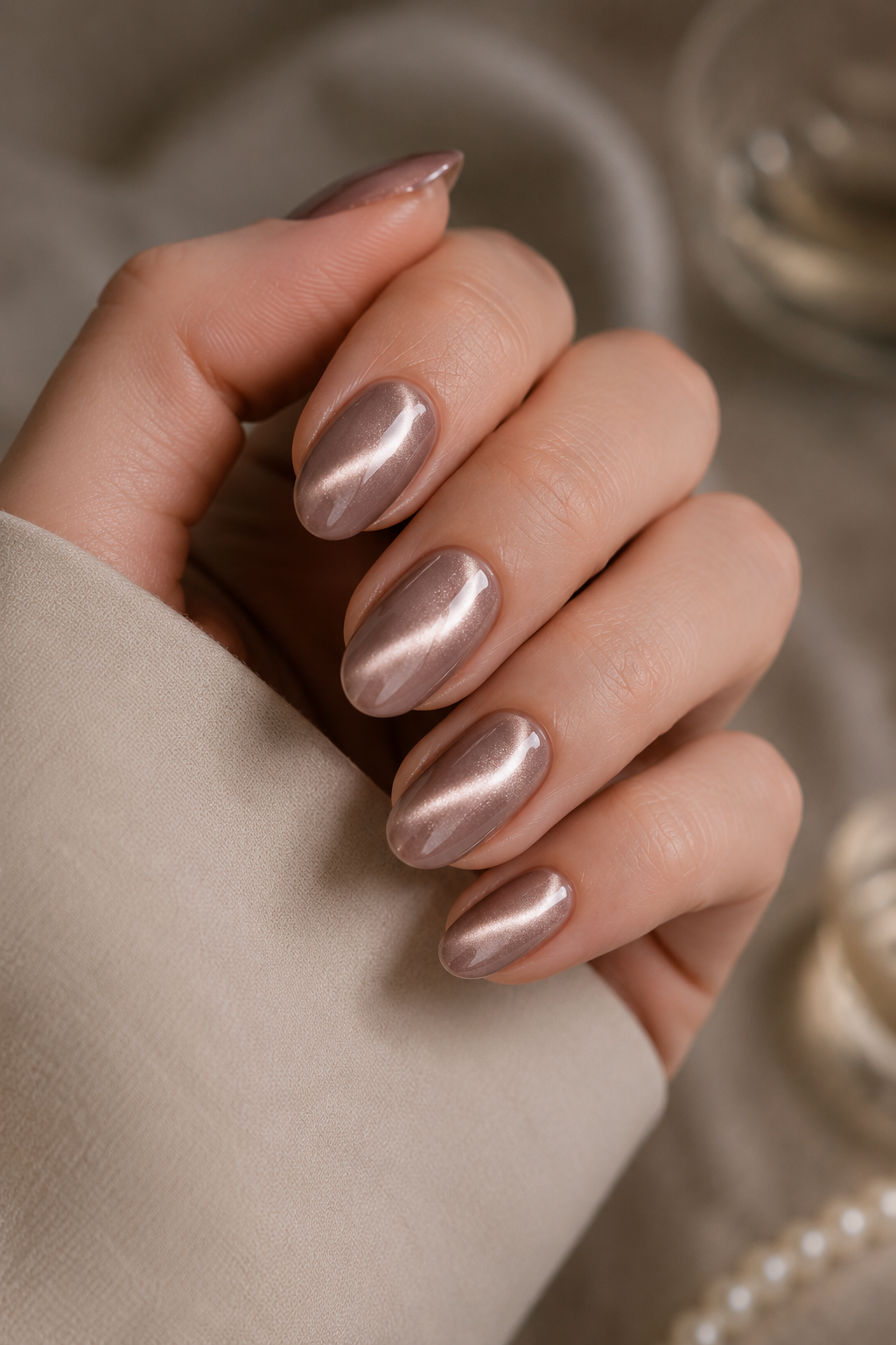 Cat-eye chrome top coat layered over a neutral fall nail polish shade
