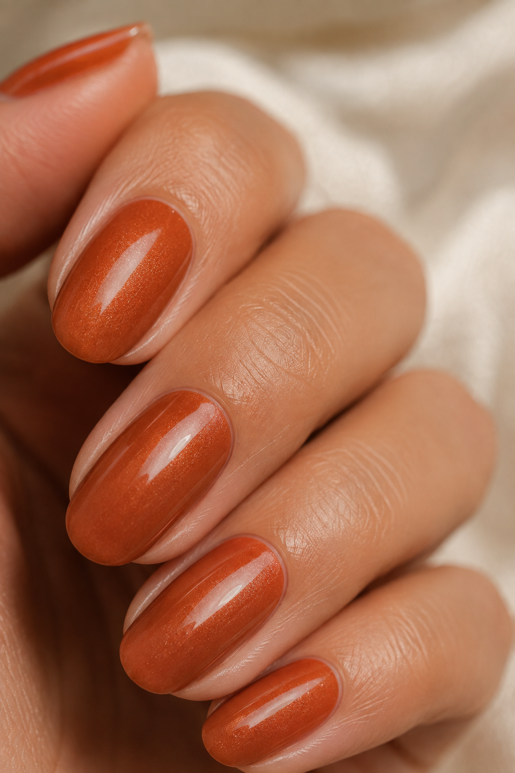 Macro shot of a terracotta manicure showing the shade's warm, clay-toned finish.