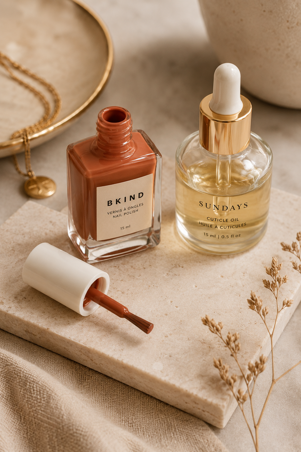 Terracotta nail polish and nourishing cuticle oil styled together for a fall manicure routine.