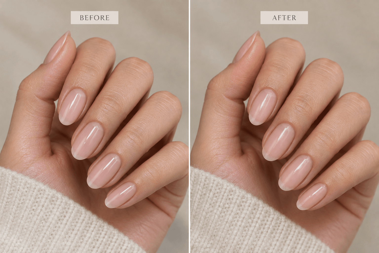 Side-by-side comparison of a glossy manicure on day one and after several days, showing realistic natural wear