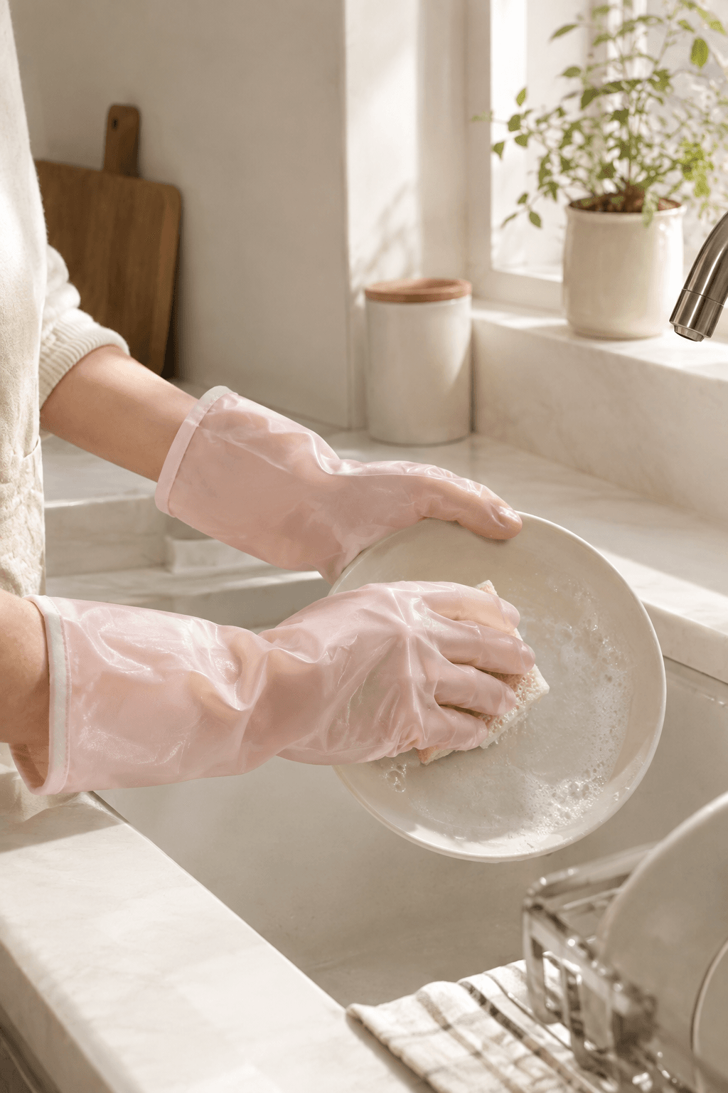 Woman wearing protective gloves while washing dishes to help her manicure last longer during household chores.