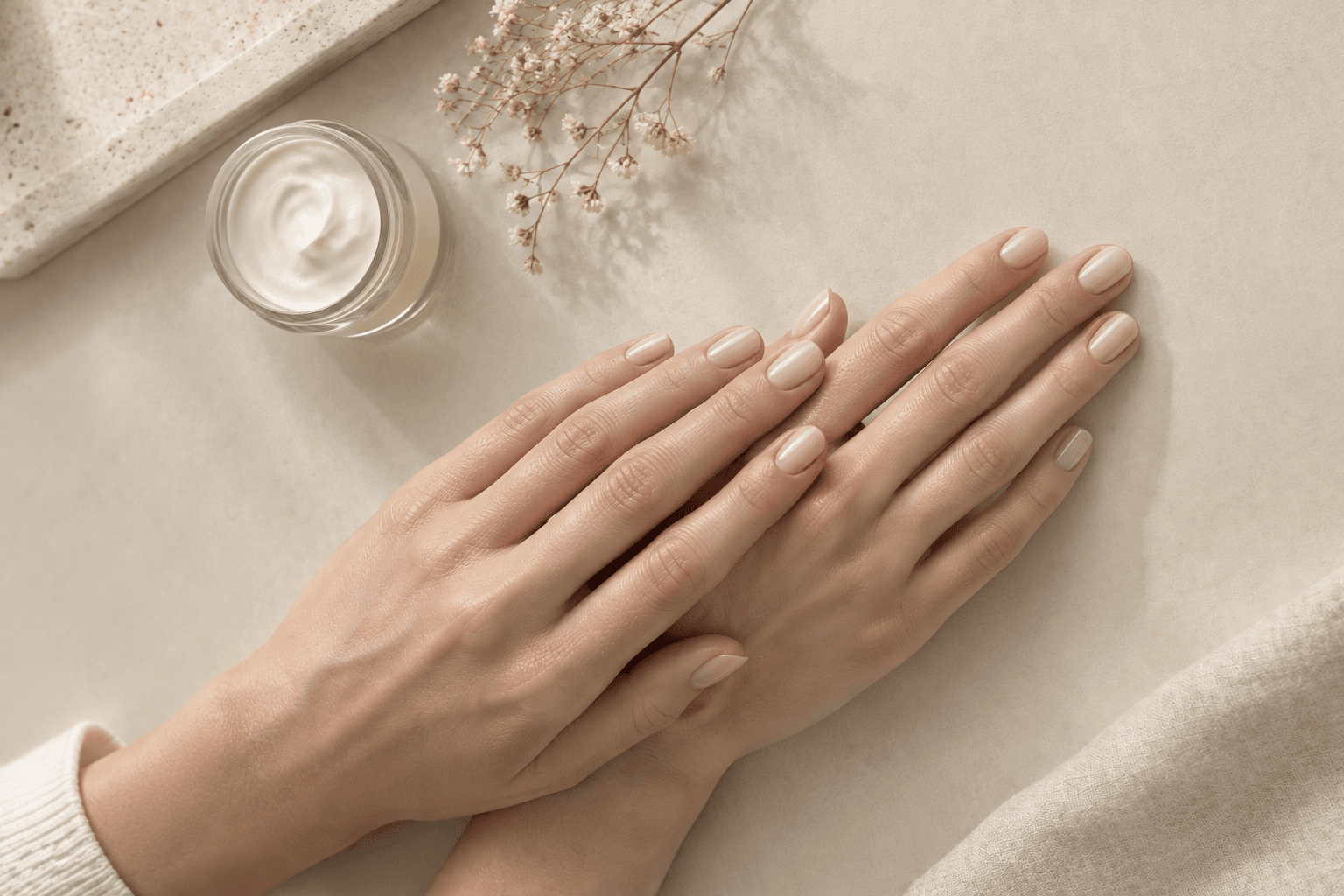 Soft neutral manicure with hand cream, styled for a quiet, everyday beauty moment