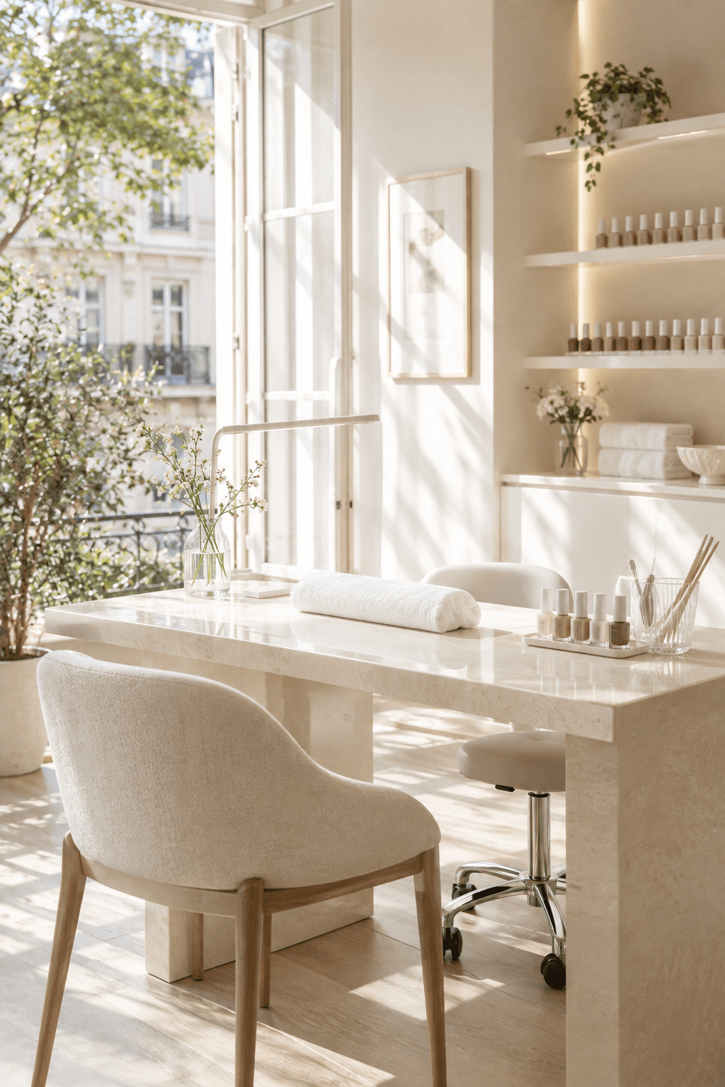 A bright, well-ventilated nail salon interior with open windows