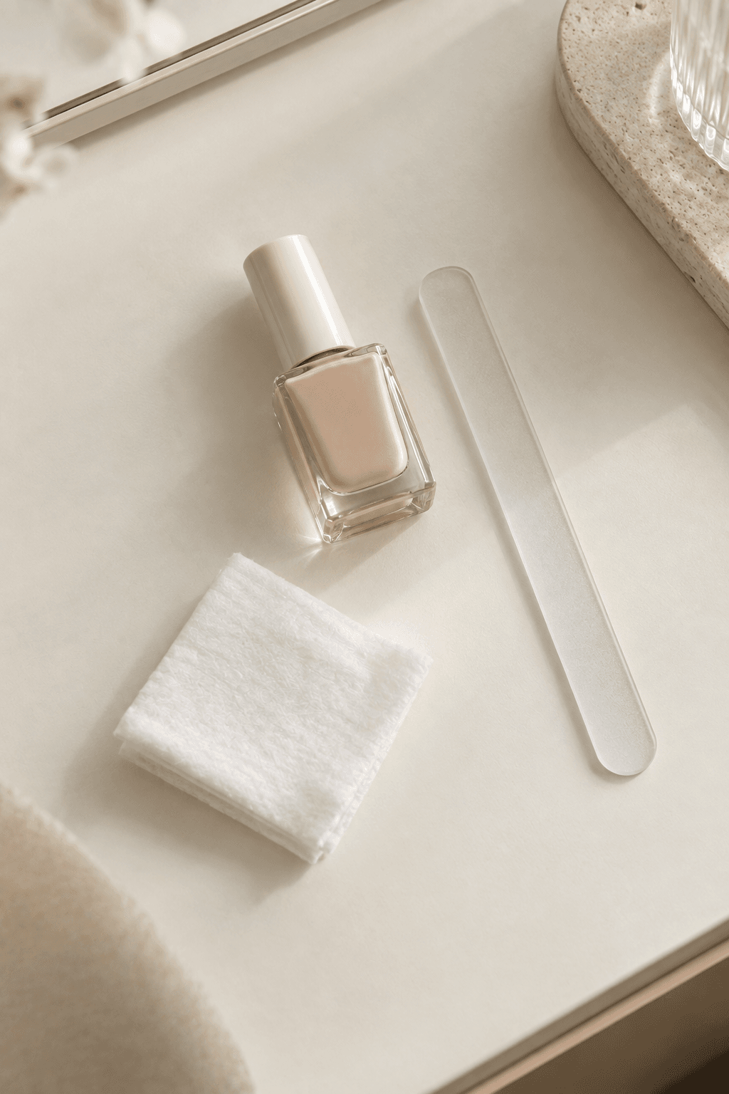 A simple nail-polish and manicure-tool setup on a clean vanity surface